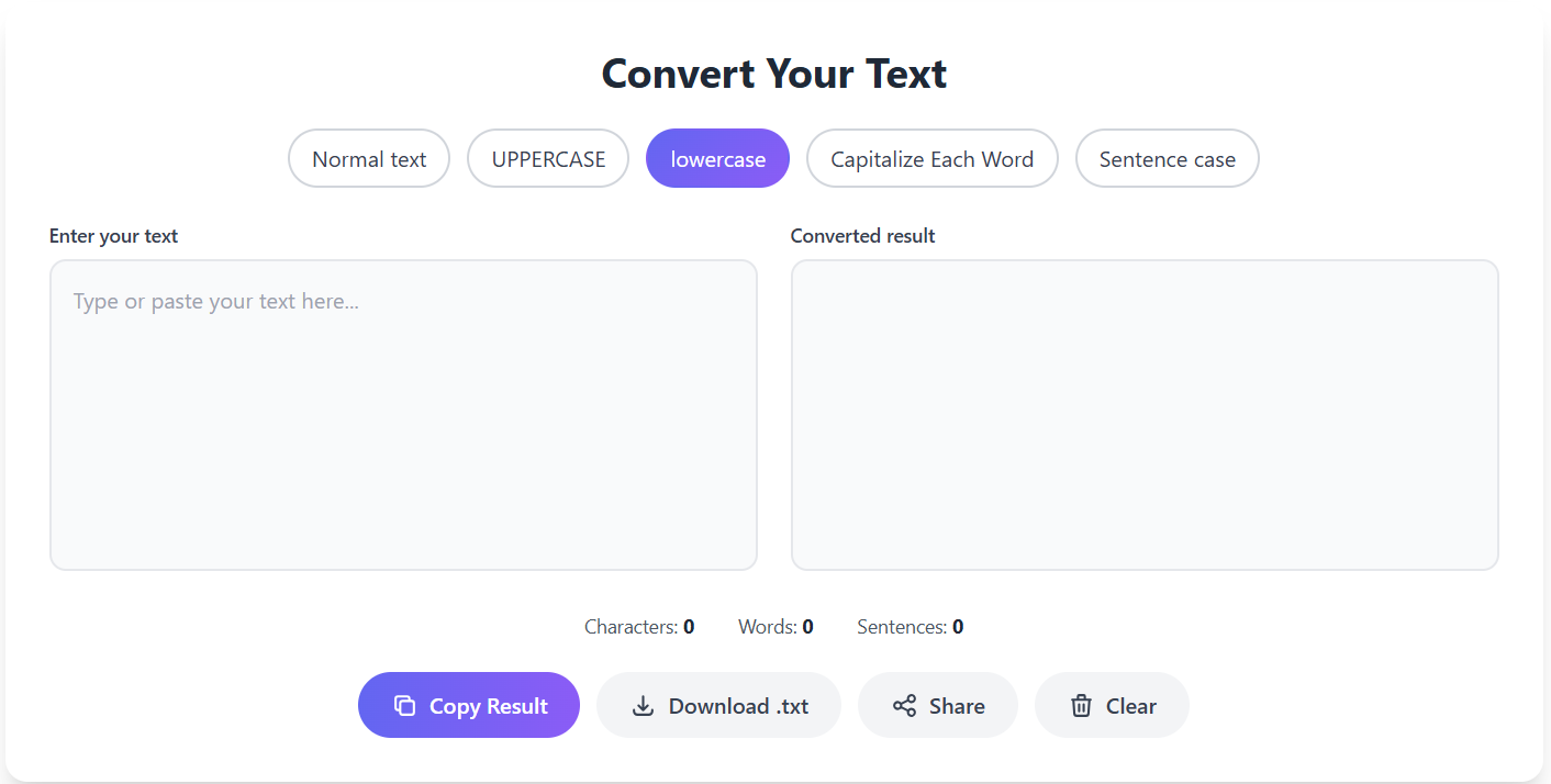 Case Converter Tool - Convert text between UPPERCASE, lowercase, Title Case and Sentence case formats
